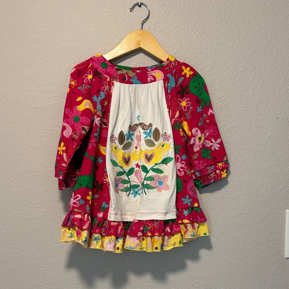 Baby Nay Colorful Pink Floral Embroidered Ruffle Dress Birds Hearts Size 3T